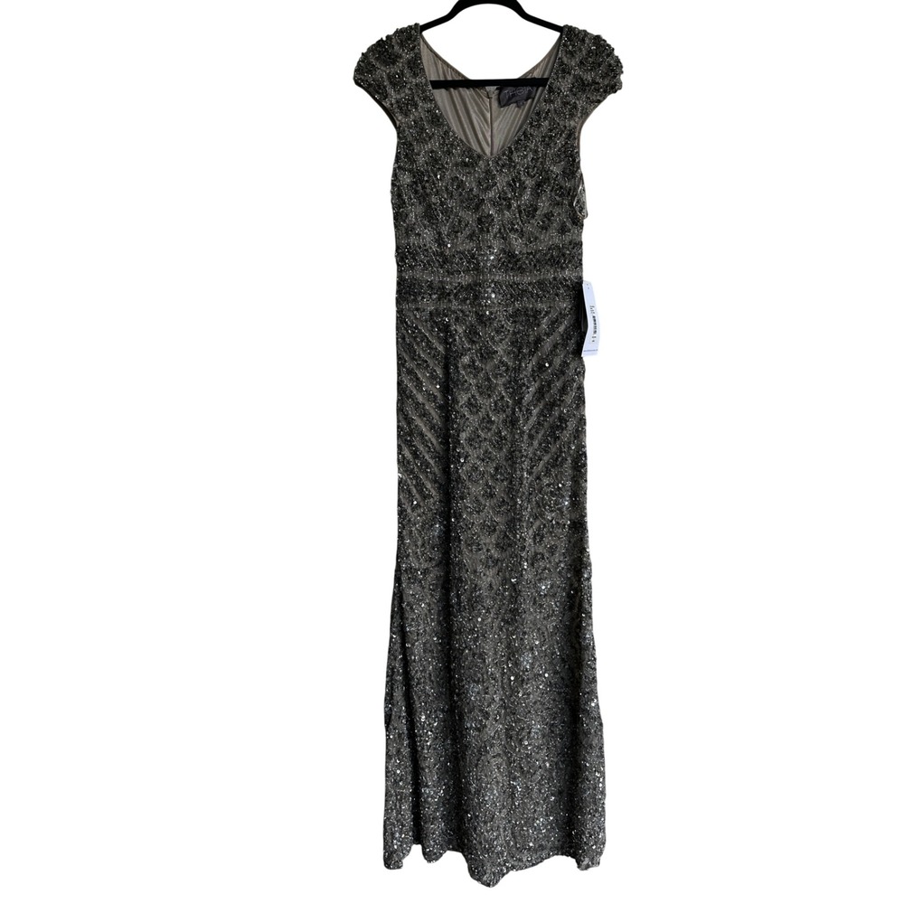 THEIA Pewter Beaded Sequin Cap Sleeve V-Neck Evening Gown Maxi Dress Size 2 NWT